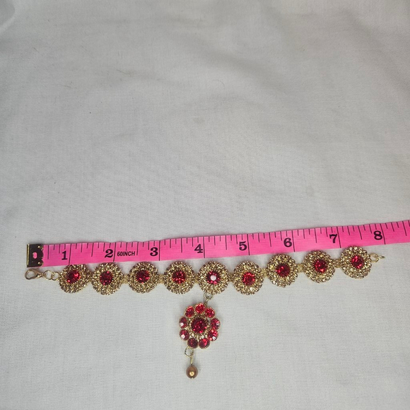 Vintage look India Red and Gold 8" Flower Rhinestone Rakhi Flower Bracelet - Picture 10 of 10